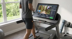 Smart HD touchscreen display console above a treadmill with a 22 inch wide running belt.