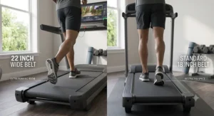 Side-by-side comparison illustrating extra running room on a treadmill 22 inch wide belt versus a standard belt.