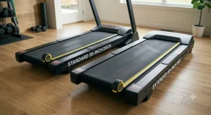 Side-by-side length comparison between a standard 55-inch deck and an extended treadmill 60-inch belt.