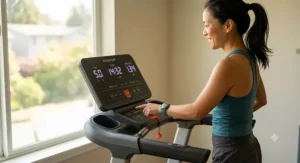 Illustration showing a short person easily reaching controls and screen settings on a treadmill console.