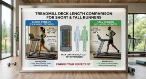 Infographic comparing proper treadmill deck length and belt size for a short person versus a taller runner.