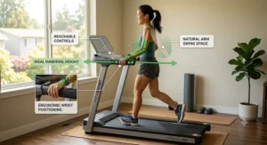 Diagram showing correct handrail height alignment and arm positioning for a short person on a home treadmill.