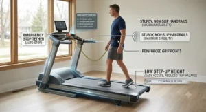 Diagram illustrating key safety features of a treadmill with low step up height including emergency stop tether