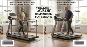 Comparison illustration showing large extended safety rails versus standard short handrails on senior treadmills.
