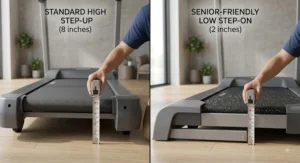 Comparison illustration contrasting a standard high treadmill step-up with an easy step-on height treadmill for seniors.