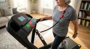 Emergency stop safety key clipped to a senior user on a budget-friendly motorized treadmill