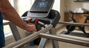 Close-up of extended full-length handrails and safety key on a treadmill with extra side rails for elderly users.