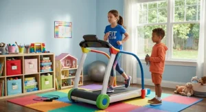Two elementary school children taking turns exercising on a youth treadmill in a playroom.