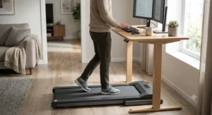 Under-desk walking pad treadmill with low step up height placed at a standing desk in a home office