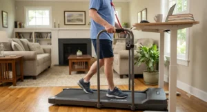 Flat under-desk walking pad treadmill with handrail accessory used by an older adult at home.