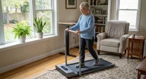 Compact walking pad treadmill under $500 with a handrail bar suited for elderly fitness
