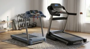 Comparison showing a youth treadmill with speed limiter beside a full-size adult treadmill
