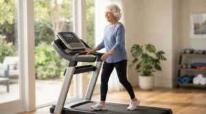 Active aging supported by walking on a low impact treadmill for knee pain indoors