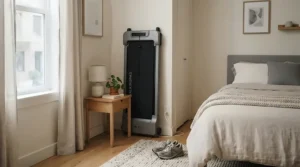 Folding compact design of a budget treadmill for knee rehab stored in a small apartment
