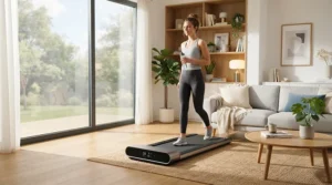 A budget treadmill for knee rehab set up in a modern living room for daily physical therapy