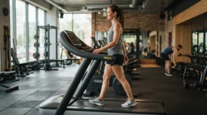 Patient using a budget treadmill for knee rehab at a slow, controlled walking speed