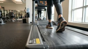 Close-up of feet on a budget treadmill for knee rehab during a slow recovery walk.
