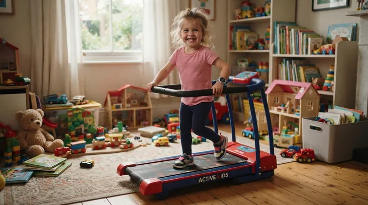 An active girl enjoying a workout on a compact treadmill for children's bedroom with toys around