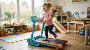 A young boy exercising on a compact treadmill for children's bedroom with a bright, playful background