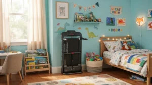 A space-saving compact treadmill for children's bedroom tucked neatly in a corner near a bed