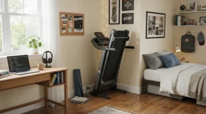 A space-saving treadmill for teenagers under $300 neatly folded and stored against a bedroom wall.