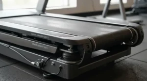 Close-up view of a cushioned deck on a low impact treadmill for knee pain showing shock absorption