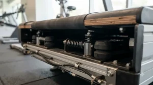 Close-up of shock absorption system on a cushioned deck treadmill for knee pain