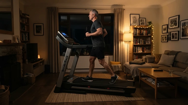 Man doing an evening recovery jog on a cushioned deck treadmill for knee pain