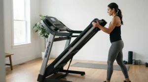 Person folding a cushioned deck treadmill for knee pain to save space in a modern apartment