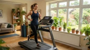 Woman enjoying a morning workout on a cushioned deck treadmill for knee pain