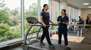 Patient doing low impact cardio on a cushioned deck treadmill for knee pain in a clinic