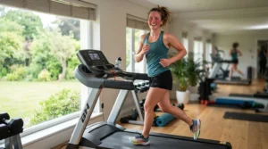 Runner smiling while using a cushioned deck treadmill for knee pain in a bright living room