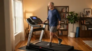 Senior adult safely walking on a cushioned deck treadmill for knee pain at home