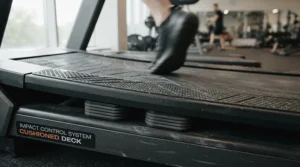 Close-up view of a spine-friendly treadmill deck designed as a cushioned treadmill for spinal health