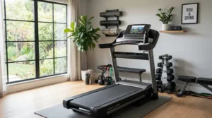 Ergonomic exercise equipment featuring a cushioned treadmill for spinal health in a home gym