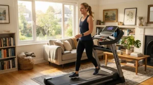 A person walking on a cushioned treadmill for spinal health in a modern suburban living room