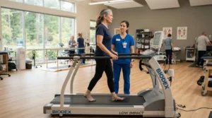 Patient recovering with a cushioned treadmill for spinal health in a physical therapy clinic