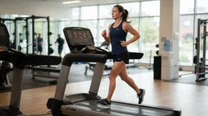 Runner maintaining upright posture on a cushioned treadmill for spinal health