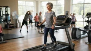 Senior adult using a cushioned treadmill for spinal health for preventive back care at home