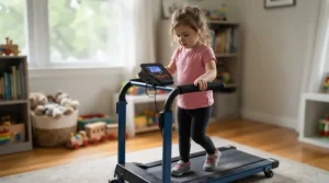 A digital compact treadmill for children's bedroom showing speed on a simple screen