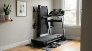 A compact folding treadmill for bad knees under $700 stored upright in a small apartment.