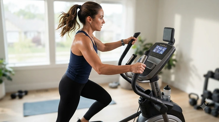 A user checking pulse sensors on a treadmill for bad knees under $700 during a workout.