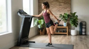 A high school student stretching before a workout on their treadmill for teenagers under $300 at home.