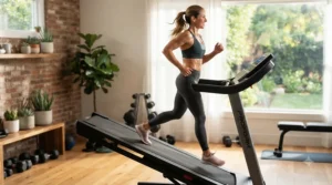 A person walking on an inclined treadmill for bad knees under $700 for low-impact cardio.