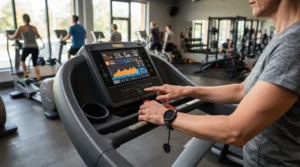Close-up of the console on a treadmill for bad knees under $700 displaying incline and speed settings.