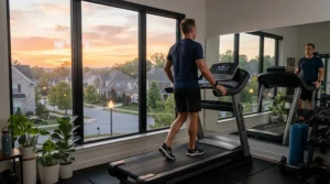 A man using a low impact treadmill for hip pain as part of his morning wellness routine.