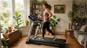 A woman doing a low-intensity walking workout on a low impact treadmill for hip pain at home.