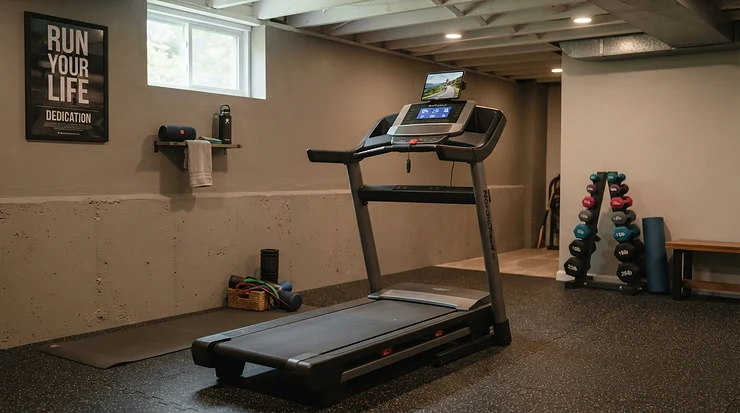 A dedicated home gym set up featuring a specialized low impact treadmill for hip pain relief.
