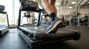 Close-up of cushioned deck on a low impact treadmill for hip pain designed to absorb shock.