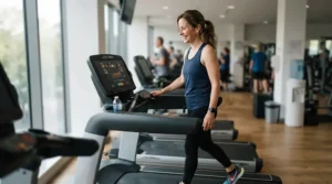 A patient tracking progress while walking on a low impact treadmill for hip pain after recovery.